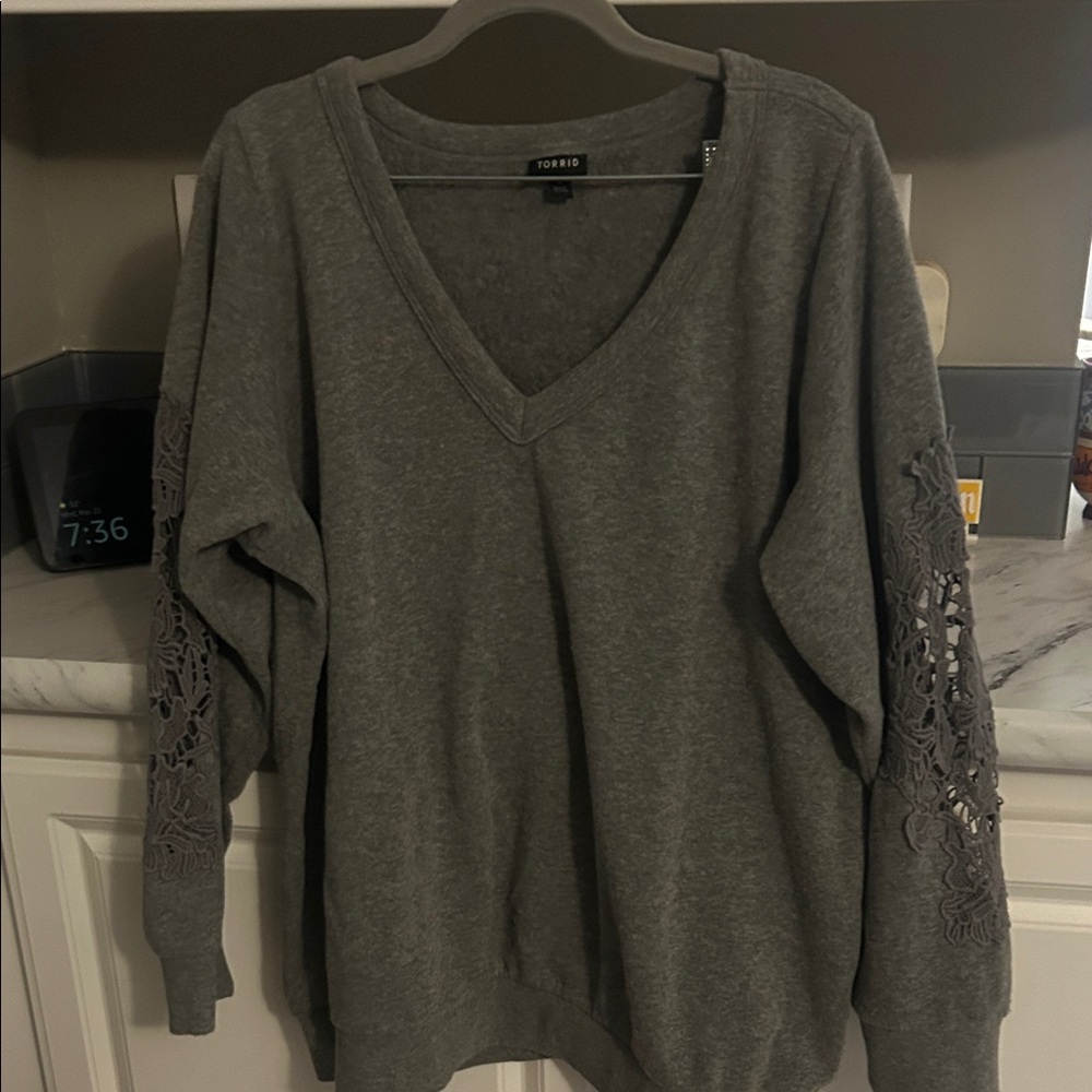 Torrid Charcoal V-Neck Sweater with Lace Sleeve Insets